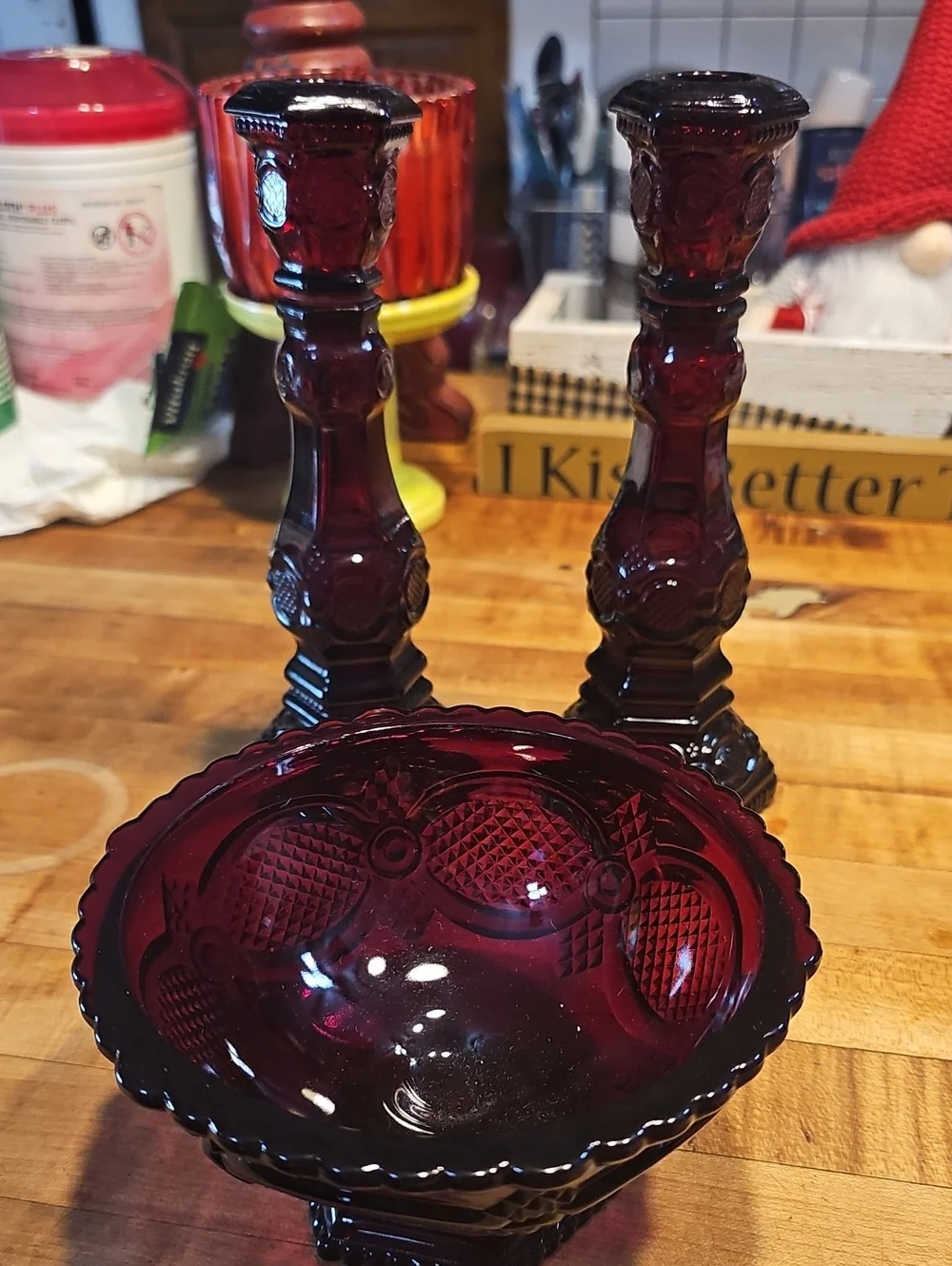 Ruby Red Pressed Glass Candy Dish with Matching Candle Holders Avon Cape Cod